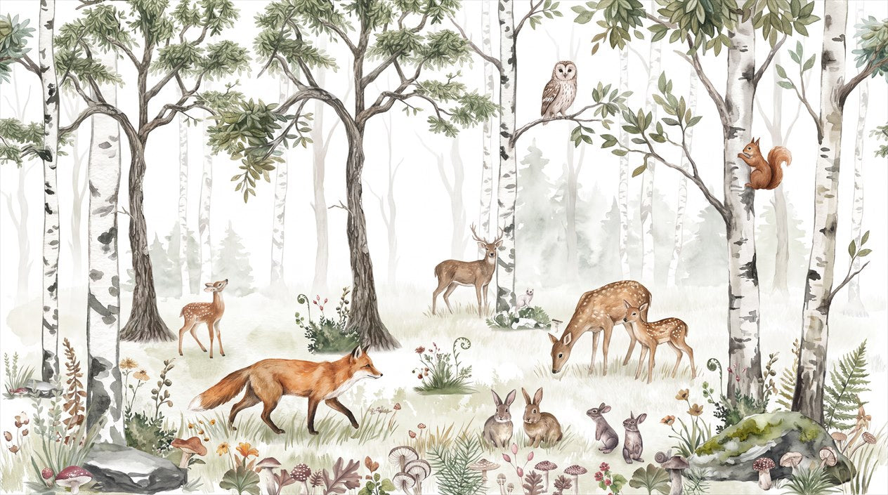 Pale Green Birch Forest Wallpaper Mural complete artwork