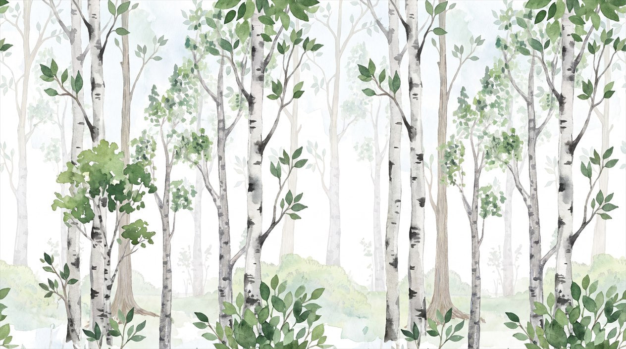 Calm Green Birch Forest Wallpaper Mural complete artwork