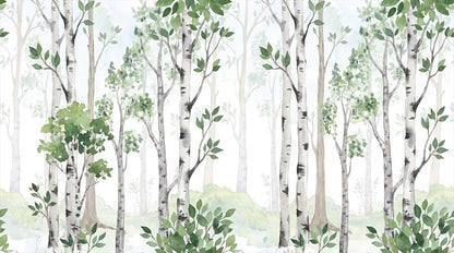 Calm Green Birch Forest Wallpaper Mural complete artwork