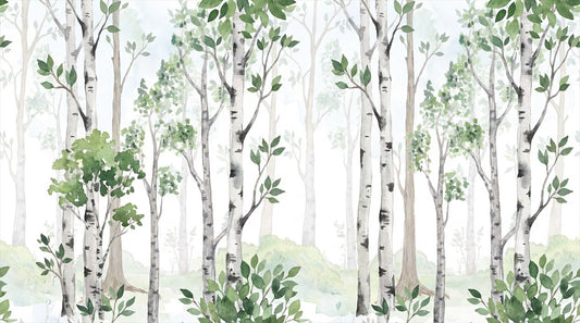 Calm Green Birch Forest Wallpaper Mural complete artwork