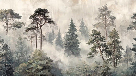 Misty Gray Woodland Pine Tree Wallpaper Mural pattern detail