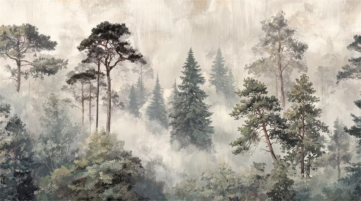 Misty Gray Woodland Pine Tree Wallpaper Mural pattern detail