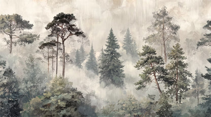 Misty Gray Woodland Pine Tree Wallpaper Mural pattern detail