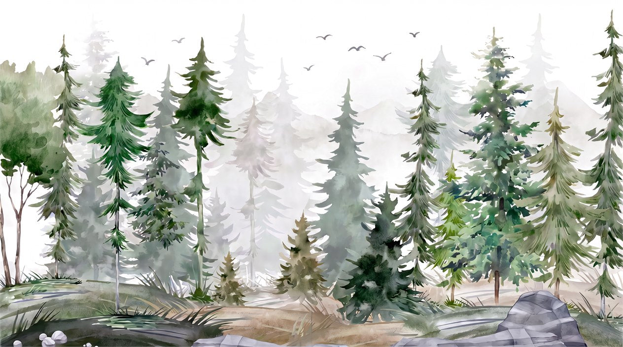 Fresh Green Watercolor Pine Tree Wallpaper Mural pattern detail