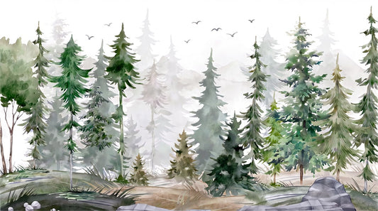 Fresh Green Watercolor Pine Tree Wallpaper Mural pattern detail