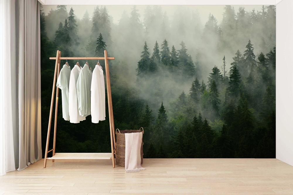 Misty Forest Green Nature Mural Wallpaper