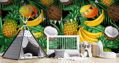 wallpaper in the nursery style with fruits and leaves