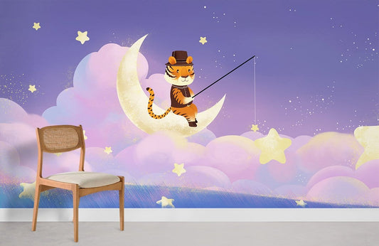 Charming Cat Fishing Moon Mural Wallpaper