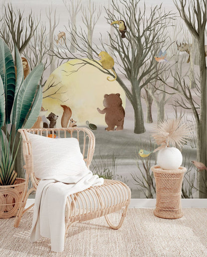 Wallpaper Mural of Animals' Houses with the Moon for Hallway Decorations