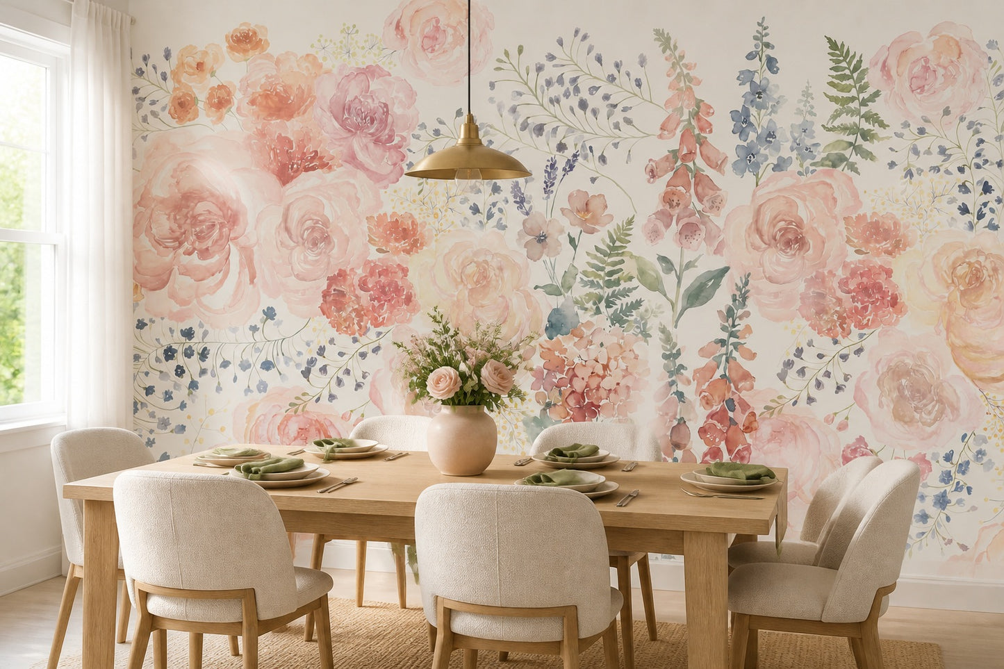 Blush Watercolor Flower Garden Wallpaper Mural - 3