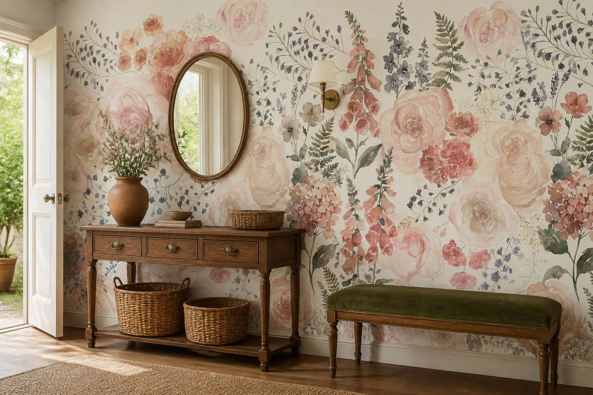 Blush Watercolor Flower Garden Wallpaper Mural - 5