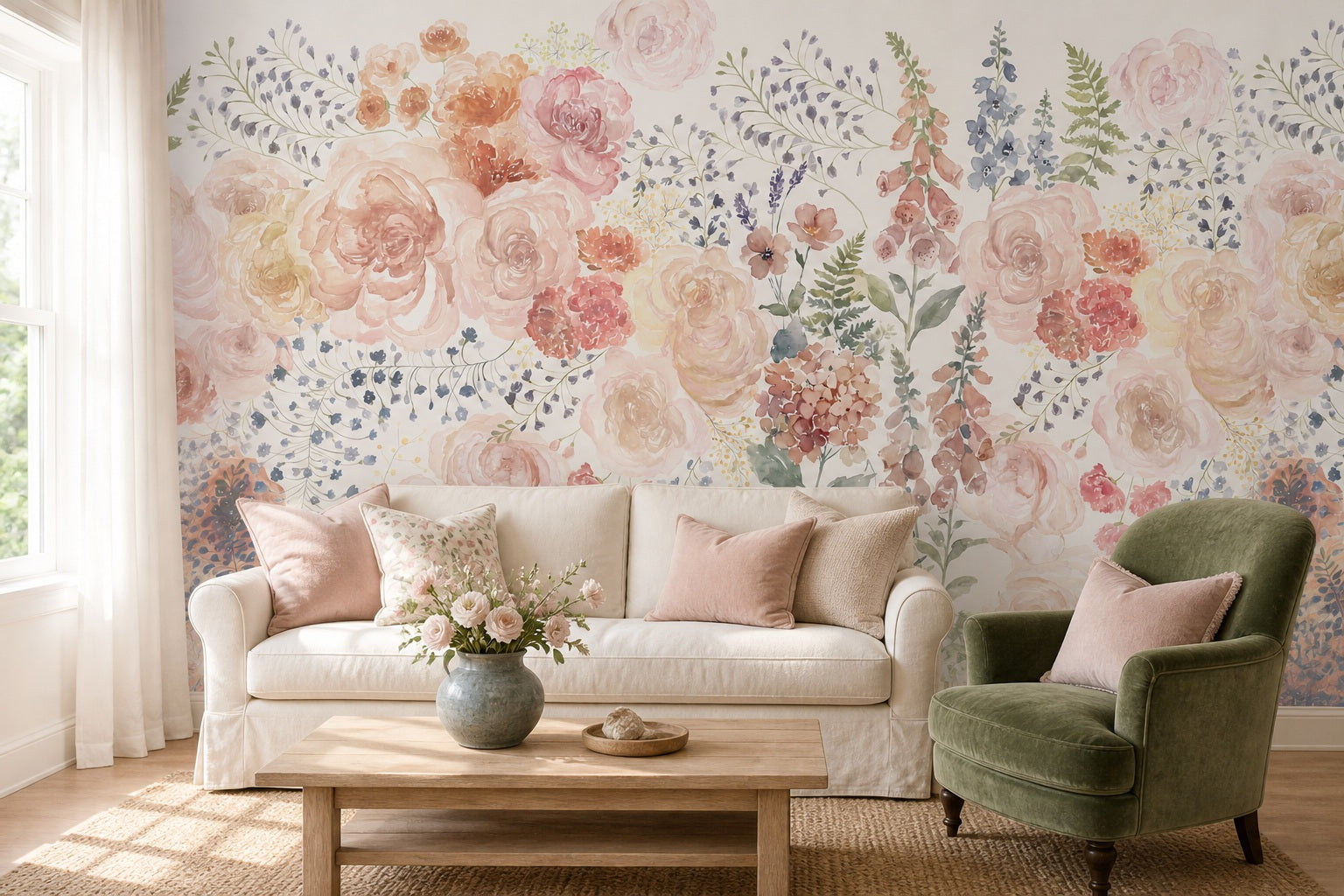 Blush Watercolor Flower Garden Wallpaper Mural - 1
