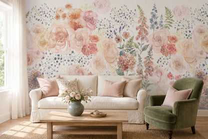 Blush Watercolor Flower Garden Wallpaper Mural - 1