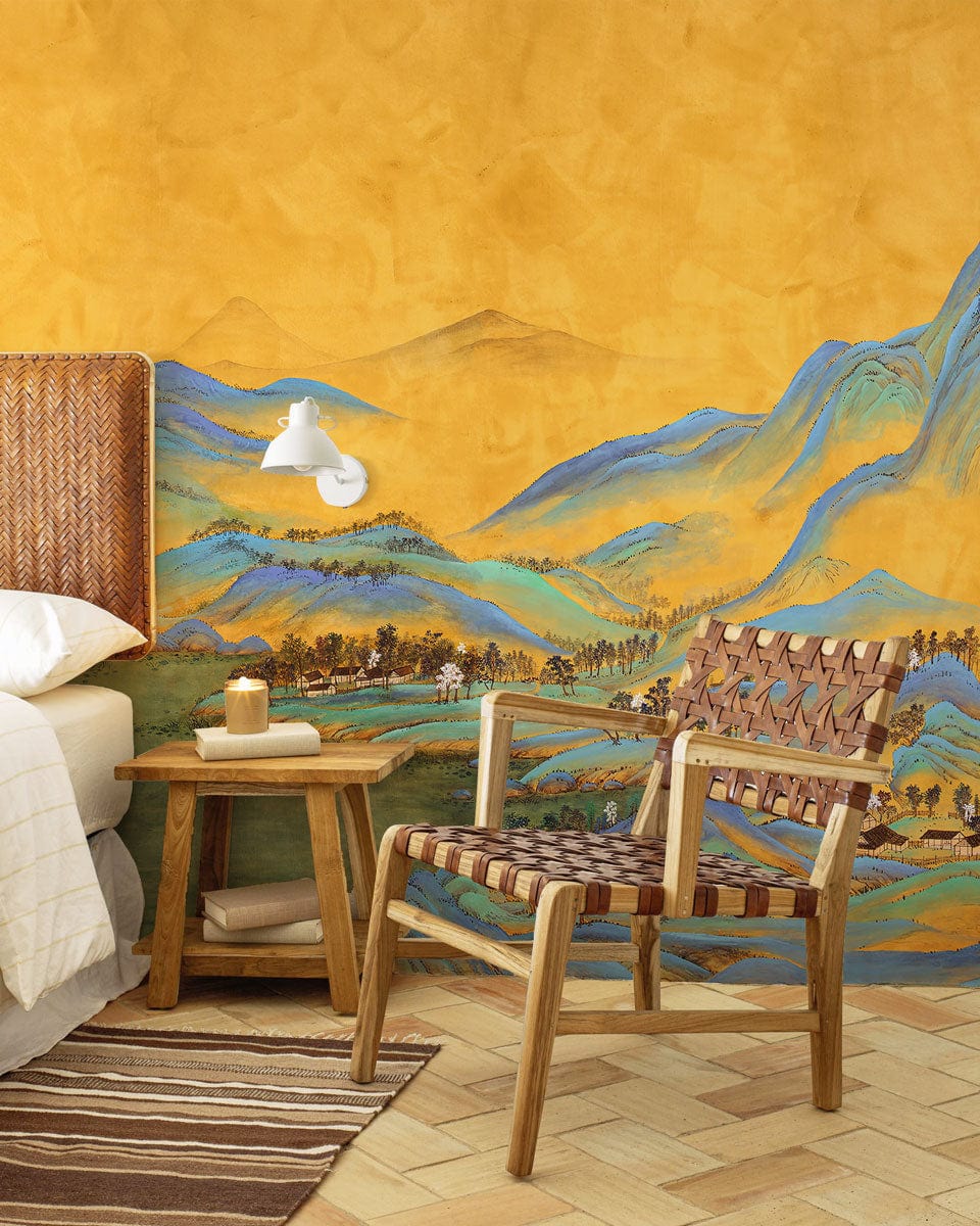 Golden Oriental Landscape Mural Wallpaper