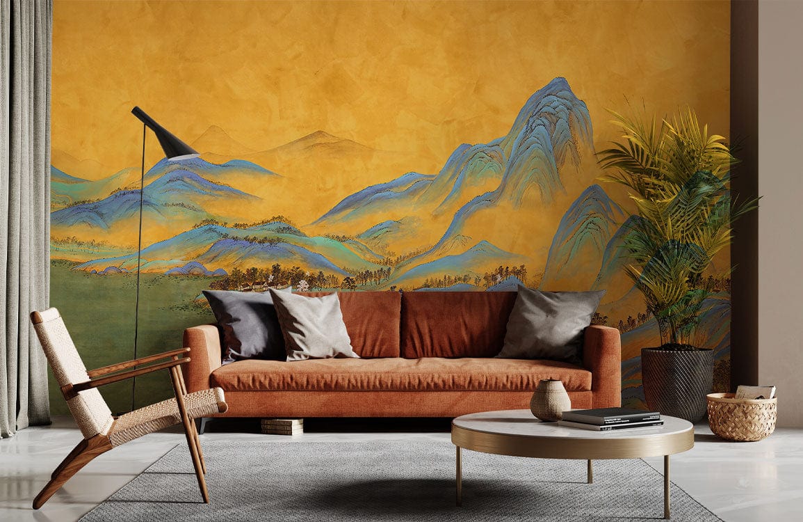 Golden Oriental Landscape Mural Wallpaper