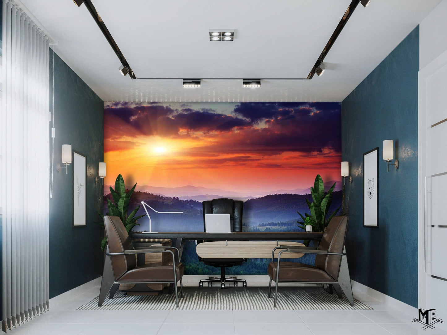 Home and Office Decoration Featuring a Mountain Sunset Wallpaper Mural