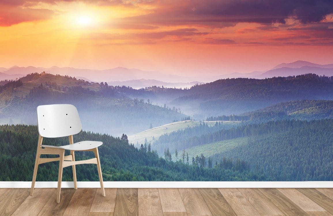 Wallpaper Mural of a Mountain Sunset for Use in Home Decoration