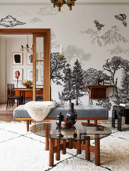 Mountains & Trees Sketch Scene Mural Living Room
