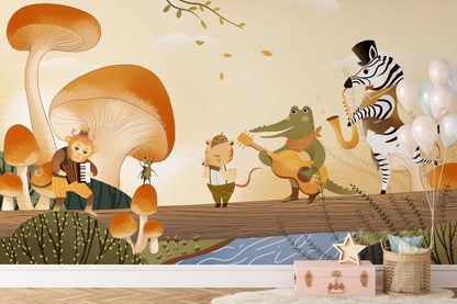Hallway Decorative Wallpaper Mural Featuring an Animal Band Concert