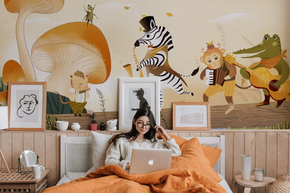 Wallpaper mural featuring an animal concert band, perfect for use as bedroom decor.
