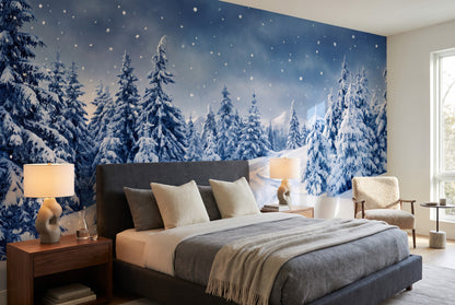 Navy scenic winter forest wallpaper mural