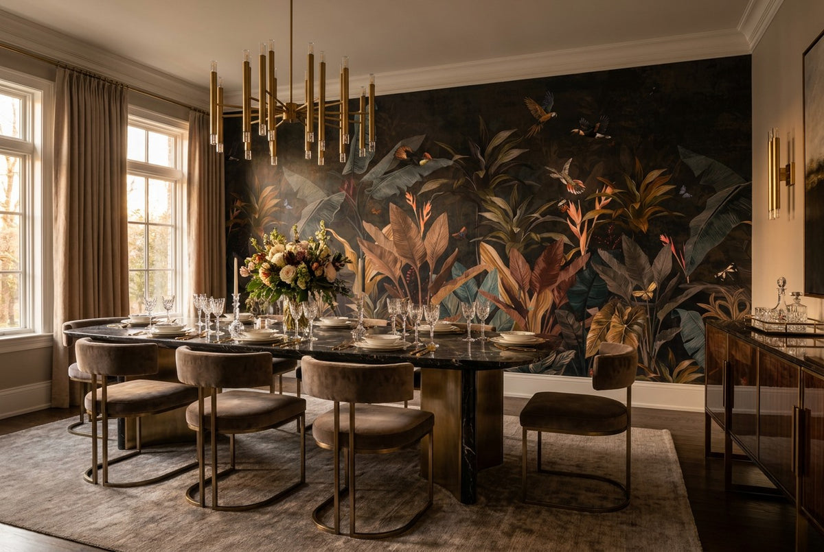 Moody Navy Dark Jungle Wallpaper Mural room setting