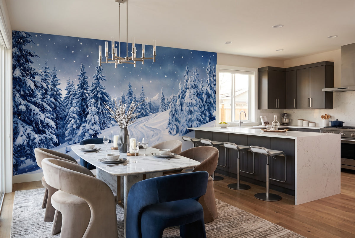 Navy scenic winter forest wallpaper mural