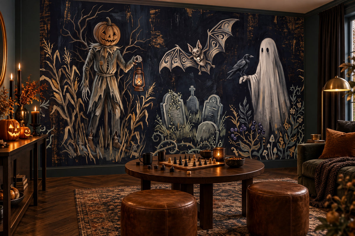 Scarecrow Ghost Raven and Graveyard Halloween Wallpaper Mural - image 3