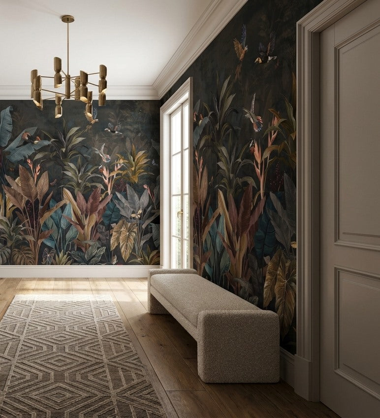 Moody Navy Dark Jungle Wallpaper Mural room setting