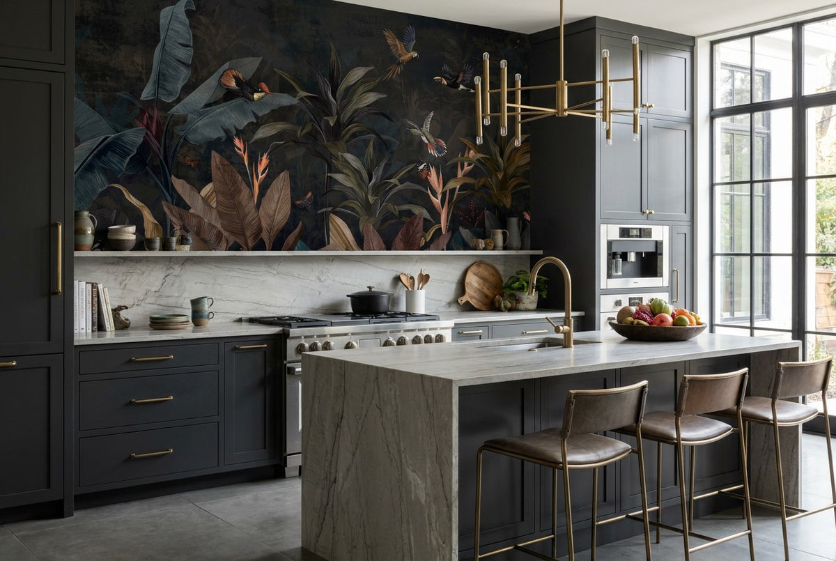Moody Navy Dark Jungle Wallpaper Mural room setting