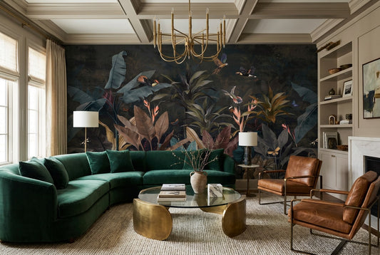 Moody Navy Dark Jungle Wallpaper Mural in a living room