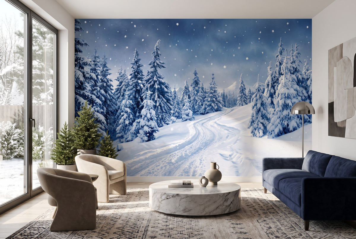 Navy scenic winter forest wallpaper mural