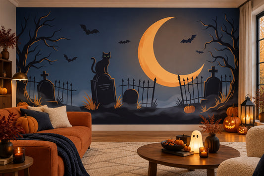 Graveyard Black Cat Crescent Moon and Bats Halloween Wallpaper Mural - image 1