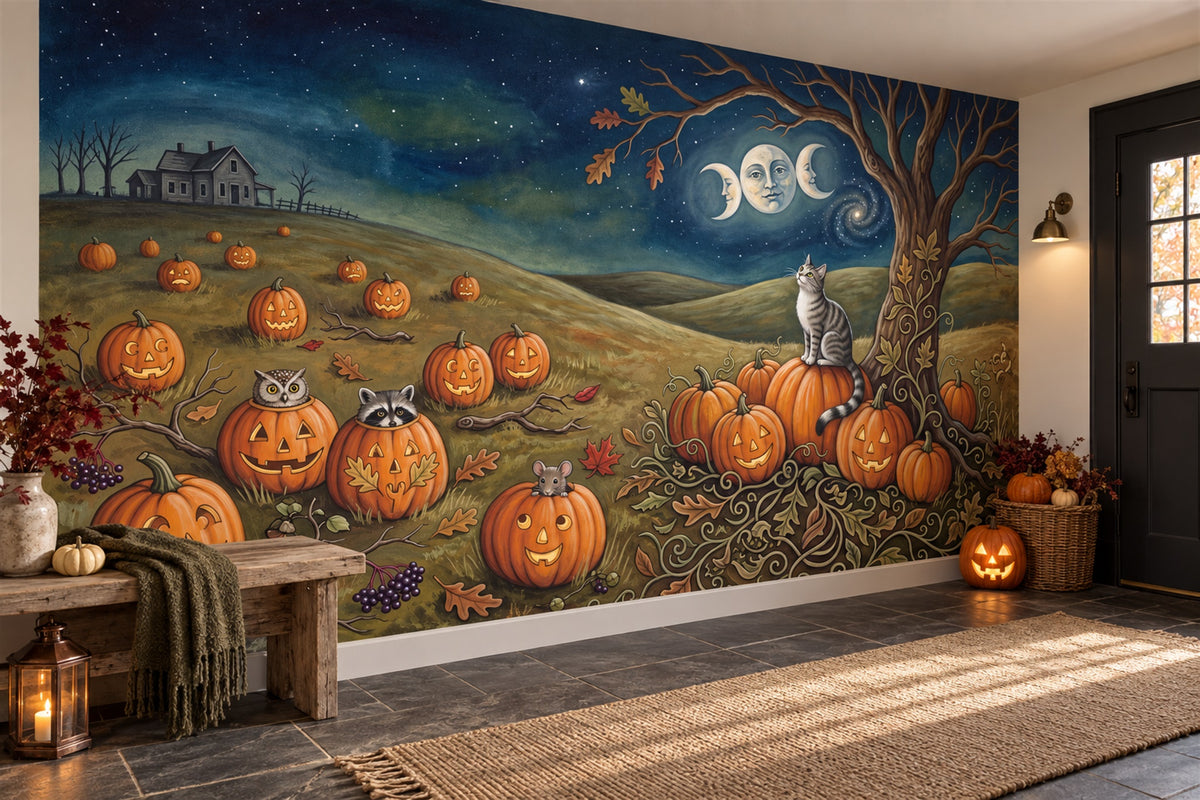 Pumpkin Field Cat Moon and Haunted House Halloween Wallpaper Mural - image 4