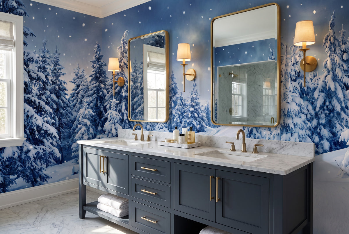 Navy scenic winter forest wallpaper mural