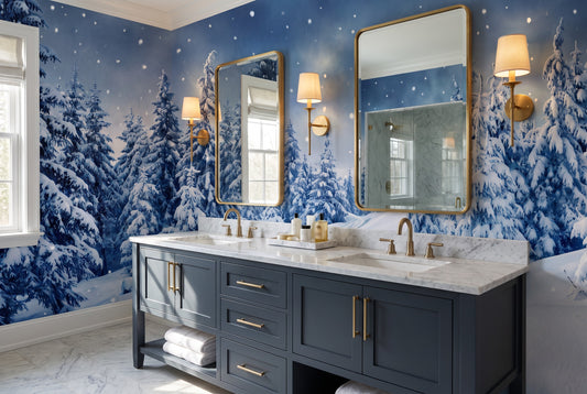Navy scenic winter forest wallpaper mural