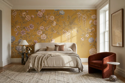 Ochre Floral Chinoiserie Wallpaper Mural - 3