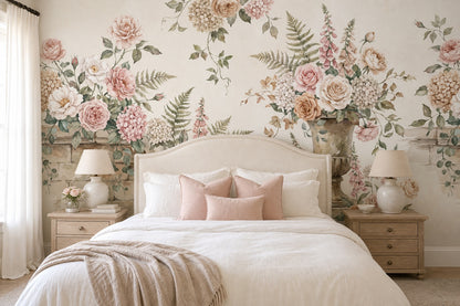 Ivory Floral Urn English Garden Wallpaper Mural - 4