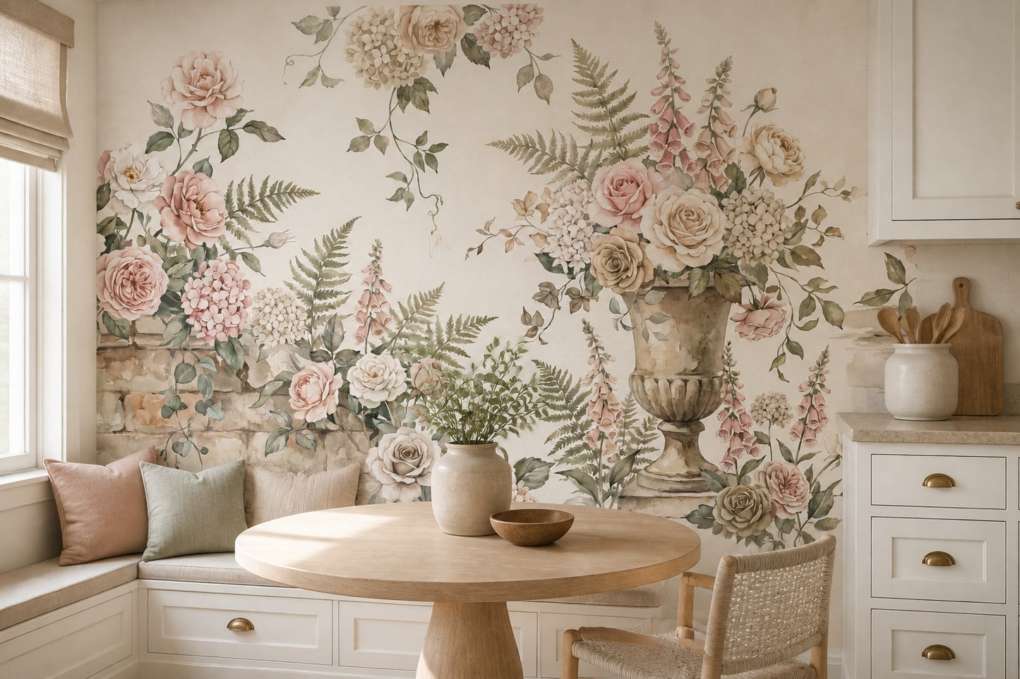 Ivory Floral Urn English Garden Wallpaper Mural - 5