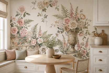 Ivory Floral Urn English Garden Wallpaper Mural - 5