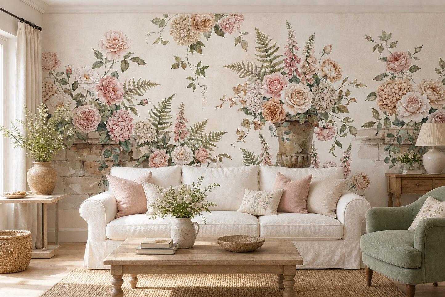 Ivory Floral Urn English Garden Wallpaper Mural - 1