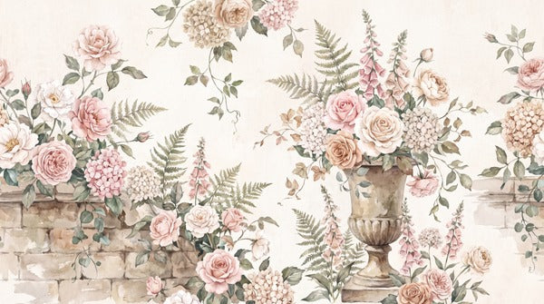 Ivory Floral Urn English Garden Wallpaper Mural - 6