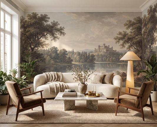 Vintage lake castle wallpaper mural in a living room