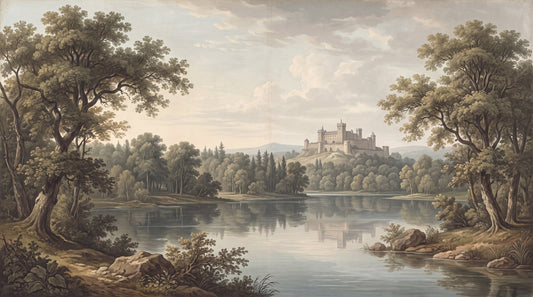 Olive vintage lake castle wallpaper mural artwork