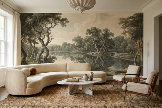 Olive Forest Lake Landscape Wallpaper Mural - 1