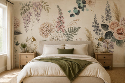 Cream Hydrangea and Rose Garden Wallpaper Mural - 5