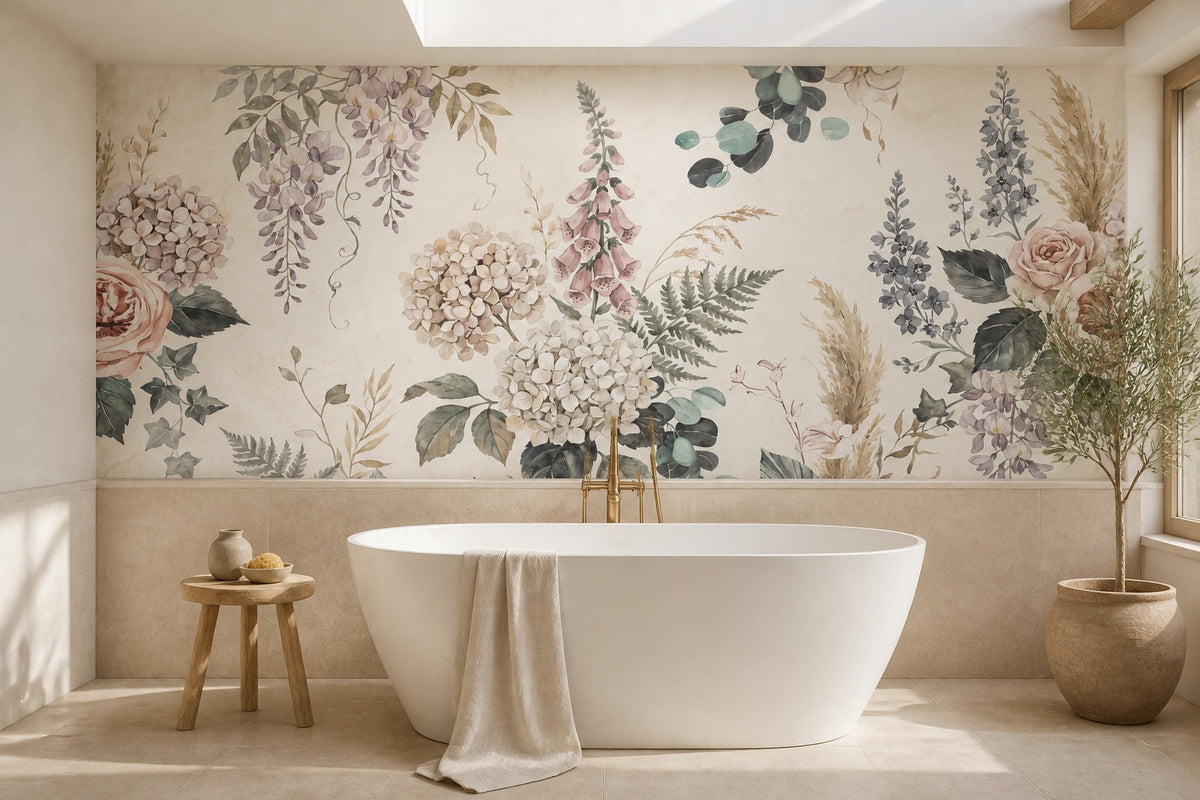 Cream Hydrangea and Rose Garden Wallpaper Mural - 4