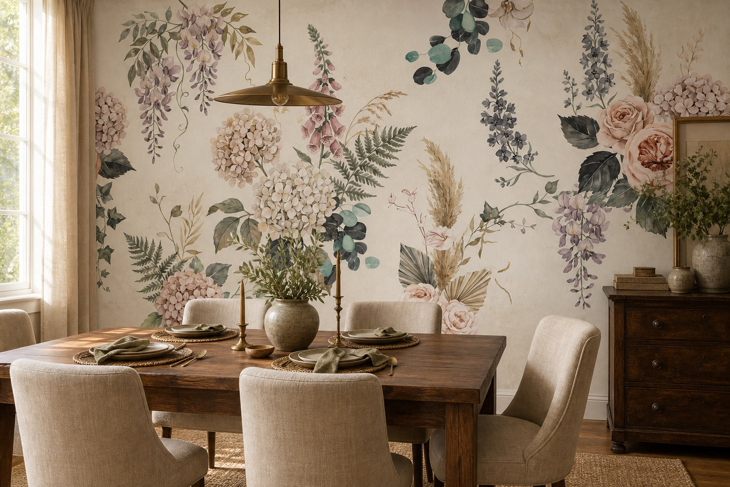 Cream Hydrangea and Rose Garden Wallpaper Mural - 3