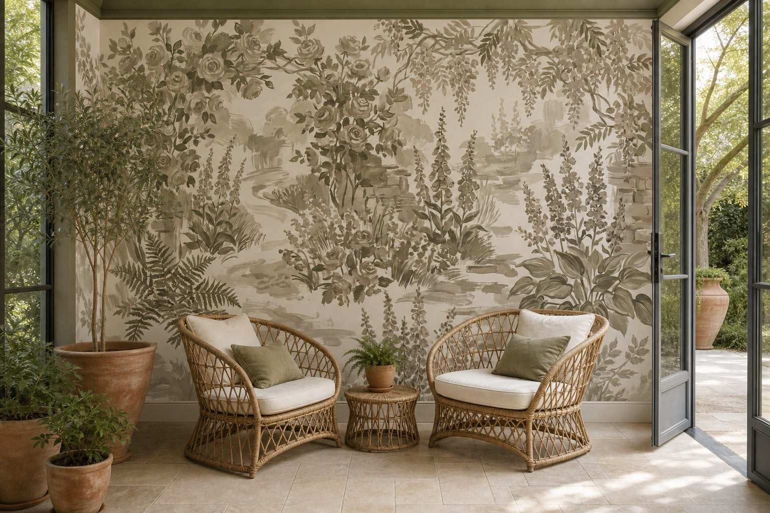 Olive Woodland Floral Garden Wallpaper Mural - 7