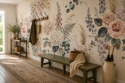 Cream Hydrangea and Rose Garden Wallpaper Mural - 6